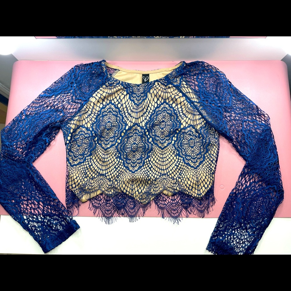Navy Lace Long Sleeve Cropped Blouse